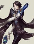  1girl :d bangs bayonetta bayonetta_(character) bayonetta_2 beige_background black-framed_glasses black_hair blue_eyes bodysuit brooch chain collar cowboy_shot dantewontdie dual_wielding earrings frilled_collar frilled_cuffs frills gem gloves gun handgun highres holding holding_gun holding_weapon jewelry light_smile lips looking_at_viewer mole mole_under_mouth open_mouth parted_lips pendant pistol short_hair simple_background skin_tight smile solo swept_bangs weapon white_gloves wrist_cuffs 