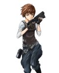  1girl black_gloves brown_eyes brown_hair fingerless_gloves gloves gun holding holding_gun holding_weapon psycho-pass short_hair simple_background solo tanikku tsunemori_akane weapon white_background 