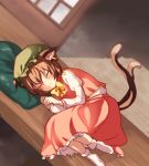  1girl animal_ears brown_hair cat_ears cat_tail chen closed_eyes earrings frilled_skirt frills hat highres jewelry mob_cap multiple_tails nekomata pillow red_skirt single_earring skirt skirt_set sleeping socks solo tail touhou umino_(anesthesia) 