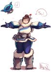  1girl blush breasts brown_eyes brown_hair glasses hair_bun hair_ornament hairpin large_breasts mei_(overwatch) one_eye_closed outstretched_arms overwatch parka plump robot ryuji_(red-truth) short_hair smile solo 