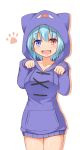  1girl :d animal_hood bare_legs blue_eyes blue_hair blush cat_hood cowboy_shot eyebrows eyebrows_visible_through_hair garasuita heterochromia highres hood long_sleeves open_mouth paw_pose red_eyes shiny shiny_skin short_hair simple_background smile solo standing tatara_kogasa thighs touhou white_background 