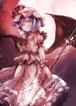  1girl ascot bat_wings brooch dress full_moon gungnir_(weapon) hat hat_ribbon highres jan_(artist) jewelry lavender_hair looking_at_viewer mob_cap moon puffy_short_sleeves puffy_sleeves red_eyes remilia_scarlet ribbon sash short_sleeves smile solo touhou white_dress wings wrist_cuffs 