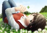  1girl :d bangs blue_pants blurry brown_eyes brown_hair clover clover_(flower) collared_shirt depth_of_field flower four-leaf_clover from_above holding long_sleeves looking_at_viewer lying on_back on_ground open_mouth original outdoors pants papi_(papiron100) shirt sky smile solo sweater_vest white_flower white_shirt 