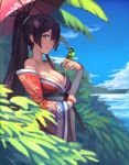  1girl absurdres bare_shoulders beach bird bird_on_hand blue_sky breasts brown_eyes brown_hair cleavage detached_sleeves doitsu_no_kagaku flower hair_flower hair_ornament highres japanese_clothes kantai_collection kimono long_hair outdoors parasol ponytail sky smile umbrella wide_sleeves yamato_(kantai_collection) 