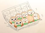  &gt;_&lt; beak closed_eyes egg_carton gen_7_pokemon highres mei_(maysroom) open_mouth pokemon pokemon_(creature) pokemon_(game) pokemon_sm rowlet simple_background sleeping smile 