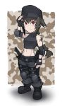  1girl abs bare_shoulders black_hair boots braid chibi elbow_pads fingerless_gloves full_body gloves hair_between_eyes hat helevu hetza_(hellshock) long_hair looking_at_viewer midriff muscle original red_eyes single_braid sleeveless smile solo tattoo toned turtleneck 