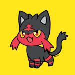  &gt;:d :3 :d artist_name fangs full_body gen_7_pokemon huiro litten_(pokemon) open_mouth pointy_ears pokemon pokemon_(creature) pokemon_(game) pokemon_sm red_eyes simple_background smile standing teeth yellow_background yellow_sclera 