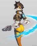  1girl artist_name ass bodysuit brown_eyes brown_hair dual_wielding energy goggles hair_over_one_eye highres hinew_kim jacket light_smile looking_at_viewer looking_back overwatch pants short_hair solo spiky_hair tracer_(overwatch) yellow_pants 