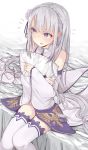  1girl emilia_(re:zero) highres long_hair monobe_tsukuri pillow pillow_hug pointy_ears re:zero_kara_hajimeru_isekai_seikatsu silver_hair solo thigh-highs violet_eyes 