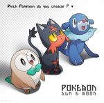  ? absurdres artist_request beak bird black_eyes bubble cat closed_mouth copyright_name full_body gen_7_pokemon highres litten_(pokemon) no_humans open_mouth owl pink_nose pointy_ears pokemon pokemon_(creature) pokemon_(game) pokemon_sm popplio red_eyes rowlet seal simple_background smile yellow_sclera 