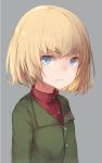  1girl blonde_hair blue_eyes buttons eyebrows eyebrows_visible_through_hair fang girls_und_panzer grey_background katyusha looking_at_viewer military military_uniform roll_okashi shirt short_hair solo tsurime uniform upper_body 