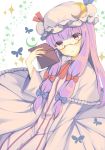  1girl absurdres bespectacled blush book bow crescent dress glasses hair_bow highres long_hair looking_at_viewer multicolored_eyes nan_(jyomyon) patchouli_knowledge purple_hair solo striped touhou vertical-striped_dress vertical_stripes violet_eyes yellow_eyes 