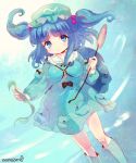  1girl amo backpack bag blue_eyes blue_hair boots breasts cattail hair_bobbles hair_ornament hat highres kawashiro_nitori key long_sleeves looking_at_viewer plant pocket puffy_long_sleeves puffy_sleeves rubber_boots shirt skirt skirt_set smile solo touhou twintails 