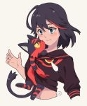  1girl :&lt; animal animal_in_clothes bangs black_hair blue_eyes blush color_connection crossover eye_contact eyelashes gen_7_pokemon kill_la_kill litten_(pokemon) looking_at_another matoi_ryuuko multicolored_hair pokemon pokemon_(creature) pokemon_(game) pokemon_sm red_eyes redhead rutiwa school_uniform senketsu serafuku short_hair simple_background streaked_hair tears two-tone_hair upper_body yellow_sclera 