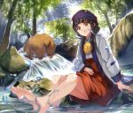  1girl amayadori_machi animal arm_at_side arm_support bangs barefoot bear black_hair blurry blush brown_eyes depth_of_field fish hair_ribbon hakama headband japanese_clothes kabocha kumamiko long_hair low_twintails miko natsu_(kumamiko) nature outdoors parted_lips ribbon rock sitting soaking_feet stream sunlight tree twintails water wide_sleeves 