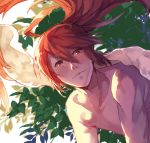  1boy ahoge fire_emblem fire_emblem_if kotobuki210 leaf long_hair ponytail red_eyes redhead shirtless solo towel tsubaki_(fire_emblem_if) 