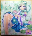  1girl barefoot blue_eyes detached_sleeves flower frame frog_hair_ornament green_hair hair_ornament hair_tubes kochiya_sanae long_hair long_sleeves looking_at_viewer marker_(medium) mosho rain shirt skirt smile snake_hair_ornament solo touhou traditional_media very_long_hair water watercolor_(medium) waves wide_sleeves 