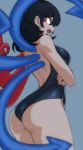  1girl ass asymmetrical_wings bare_back bare_shoulders black_hair breasts crossed_arms fang houjuu_nue large_breasts looking_at_viewer looking_back one-piece_swimsuit open_mouth red_eyes short_hair simple_background solo space_jin swimsuit touhou wings 