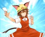  &gt;:) 1girl animal_ears bow bowtie brown_eyes brown_hair card cat_ears cat_tail chen dress helmet jewelry kinketsu multiple_tails parody red_dress rescue_cat short_hair short_sleeves single_earring smile solo tail touhou two_tails upper_body whistle white_bow white_bowtie yuu-gi-ou 