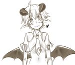  1girl alp_(monster_girl_encyclopedia) androgynous bat_wings caleana crop_top demon_girl flat_chest head_tilt heart horns looking_at_viewer low_wings monochrome monster_girl monster_girl_encyclopedia navel necktie pointy_ears short_hair simple_background smile solo succubus upper_body white_background wings 
