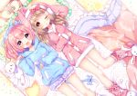  2girls animal_ears bed blush brown_hair cat_ears hood hoodie long_hair lying multiple_girls natsume_asato on_back open_mouth pink_hair rabbit_ears stuffed_animal stuffed_bunny stuffed_cat stuffed_toy twintails violet_eyes yellow_eyes 