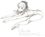  1girl alphonse_(white_datura) ass leaning_forward leotard long_hair monochrome original outstretched_arms ponytail ribbon sitting sketch solo spread_legs stretch white_background 