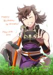  ! 1boy brown_hair character_name closed_eyes dated fire_emblem fire_emblem_if fuzuki_yuu happy_birthday hinata_(fire_emblem_if) leaf long_hair male_focus ponytail scar simple_background sitting solo teeth white_background 