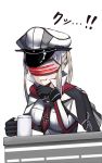  !! 1girl black_gloves blonde_hair breasts capelet commentary_request cosplay covered_eyes cup gloves godot godot_(cosplay) graf_zeppelin_(kantai_collection) grin gyakuten_saiban gyakuten_saiban_3 hat highres i.f.s.f kantai_collection long_hair mug necktie peaked_cap shade simple_background smile solo twintails visor white_background 