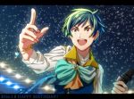  1boy blue_hair bracelet brown_eyes close-up happy_birthday idolmaster idolmaster_side-m igari_leo ikuwataru_nagomi jewelry letterboxed looking_up male_focus microphone moon_(ornament) night night_sky open_mouth pointing scarf sky smile solo sparkle stage_lights star_(sky) starry_sky upper_body 