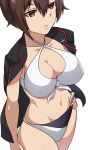  1girl bangs bikini black_jacket breasts brown_eyes brown_hair cleavage cowboy_shot front-tie_bikini front-tie_top girls_und_panzer hand_on_hip highres jacket jacket_on_shoulders large_breasts navel nishizumi_maho open_clothes short_hair solo standing swimsuit white_background white_bikini yamaori 