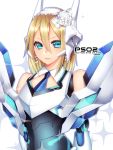  1girl blonde_hair blue_eyes blue_necktie company_name copyright_name earrings hairband headgear highres jewelry looking_at_viewer necktie phantasy_star phantasy_star_online_2 sega smile solo upper_body white_background yutazou 