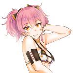  1girl bare_shoulders bow hair_bow hand_in_hair idolmaster idolmaster_cinderella_girls jougasaki_mika kanamura_will looking_at_viewer parted_lips pink_hair short_hair small_breasts smile solo twintails two_side_up upper_body yellow_eyes 
