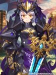  1girl armor looking_at_viewer official_art ox_(baallore) priget_plus silver_hair solo sword watermark weapon yellow_eyes 