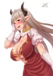  1girl alicia_(granblue_fantasy) blush breasts center_opening chin_rest cleavage dress earrings gloves granblue_fantasy horns huge_breasts jewelry large_breasts long_hair looking_at_viewer open_mouth pointy_ears red_eyes silver_hair smile solo white_gloves zheng 