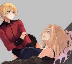  2girls absurdres arm_grab blonde_hair blue_eyes blush breasts darjeeling embarrassed girls_und_panzer green_eyes hair highres jacket_off_shoulders kay_(girls_und_panzer) lying multiple_girls short_hair smile tank_top thighs uniform wawawa_(hisuterisisusa) 