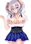  1girl absurdres arm_behind_back blue_eyes blush breasts cleavage dress highres kantai_collection kashima_(kantai_collection) long_hair looking_at_viewer sankakusui_(deltawhite) silver_hair simple_background smile solo thigh-highs twintails white_background white_legwear 