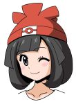  1girl bangs black_hair blush female_protagonist_(pokemon_sm) hat highres koutarosu one_eye_closed pokemon pokemon_(game) pokemon_sm smile solo swept_bangs 