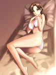  1girl ass barefoot bed bed_sheet breasts brown_eyes brown_hair covered_nipples cushion hand_on_own_chest long_hair lying solo takano_masayuki 