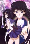  2girls absurdres bishoujo_senshi_sailor_moon black_hair diamond dual_persona earrings gloves highres jewelry lipstick long_hair looking_at_viewer maboroshi_no_ginzuishou makeup mistress_9 multiple_girls official_art open_mouth outstretched_hand pearl purple_lipstick sailor_saturn short_hair silence_glaive smile takahashi_akira tomoe_hotaru violet_eyes weapon white_gloves 