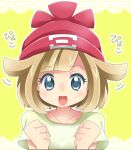  1girl bangs blonde_hair blue_eyes blush female_protagonist_(pokemon_sm) hat momosemocha open_mouth pokemon pokemon_(game) pokemon_sm portrait simple_background solo yellow_background 