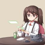  1girl bespectacled brown_eyes brown_hair chair commentary_request glasses jacket jacket_removed kantai_collection long_hair looking_down open_mouth ryuujou_(kantai_collection) scissors shikigami simple_background sitting suspenders table twintails visor_cap white_blouse yukimi_unagi 