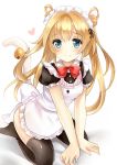  1girl abukuma_(kantai_collection) alternate_costume bad_id bell black_legwear blonde_hair blue_eyes blush cat_tail enmaided hair_rings kantai_collection long_hair maid nikoo no_shoes solo tail tail_bell thigh-highs twintails 