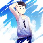  1boy arm_at_side arm_up armpits bare_arms bare_shoulders belt blue_pants brown_hair character_name collarbone cowboy_shot denim heart highres jeans looking_at_viewer male_focus matsuno_karamatsu navel osomatsu-kun osomatsu-san pants peneko sleeveless smile solo sunglasses tank_top violet_eyes 