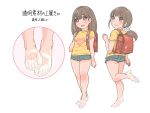  2girls ass backpack bag blush brown_eyes brown_hair feet highres leg_lift legs long_hair looking_back multiple_girls no_socks open_mouth original ponytail poronpuu randoseru see-through shirt shoes short_shorts shorts smile standing_on_one_leg t-shirt toes 