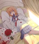  1girl ahoge alternate_costume bangs bed blanket blonde_hair blue_eyes blue_ribbon blue_skirt box candy cowboy_shot curtains eyebrows eyebrows_visible_through_hair eyelashes fate/stay_night fate_(series) floral_print flower gift gift_box highres looking_at_viewer loose_shirt lying miniskirt mizu_(dl7613) mouth_hold on_back on_bed petals pillow pleated_skirt red_flower red_ribbon red_rose ribbon ribbon_in_mouth rose saber school_uniform serafuku shade shirt skirt sleeves_past_wrists solo spread_legs 