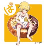  1girl bare_shoulders barefoot blonde_hair blush doughnut dress food long_hair monogatari_(series) oshino_shinobu solo yadokugaeru yellow_eyes 