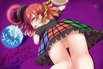  1girl ass bare_legs chain earth_(ornament) hecatia_lapislazuli highres looking_back lying mille miniskirt moon_(ornament) multicolored_skirt naughty_face off-shoulder_shirt off_shoulder open_mouth panties pantyshot pantyshot_(lying) red_eyes redhead shirt skirt solo touhou underwear 