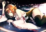  1girl ahoge ass bare_shoulders boots brown_eyes brown_hair detached_sleeves double_bun hairband headgear japanese_clothes kantai_collection kongou_(kantai_collection) long_hair looking_at_viewer lying mille_(dieci) nontraditional_miko on_floor parted_lips ribbon-trimmed_sleeves ribbon_trim skirt solo thigh-highs thigh_boots 