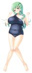  1girl alternate_costume ass_visible_through_thighs bare_legs bare_shoulders barefoot blush breasts collarbone commentary_request covered_navel frog_hair_ornament full_body green_eyes green_hair hair_ornament hair_tubes highres ichio knees_together_feet_apart kochiya_sanae large_breasts long_hair one-piece_swimsuit plump school_swimsuit simple_background sleeveless smile snake_hair_ornament solo swimsuit touhou wardrobe_malfunction white_background 