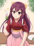  1girl :d beige_background blush bow dango eyebrows eyebrows_visible_through_hair eyelashes food hair_bow hakama_skirt head_tilt holding holding_food japanese_clothes kamikaze_(kantai_collection) kantai_collection kimono long_hair nayuhi_(yukimuu14) nontraditional_miko open_mouth pink_bow pink_skirt plate pleated_skirt purple_hair short_sleeves simple_background sitting skirt smile solo sparkle tareme very_long_hair violet_eyes wagashi yellow_bow 